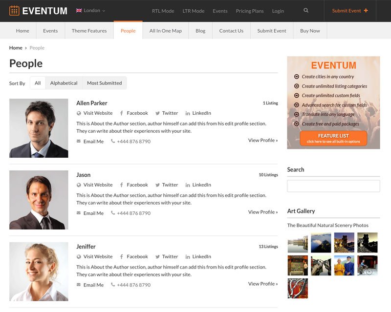 Best Events Directory WordPress Theme Eventum WordPress-Theme - Registered Users Page